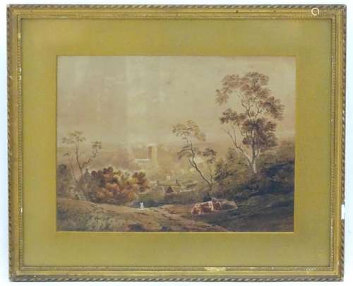 19th century, Watercolour, A landscape scene with cattle res...