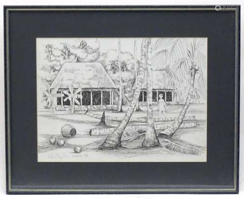 John Poynton, 20th century, Pen and ink, Samoa, A Samoan vil...