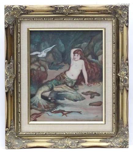 K. Barnfather, 20th century, Oil on canvas board, Mermaid on...