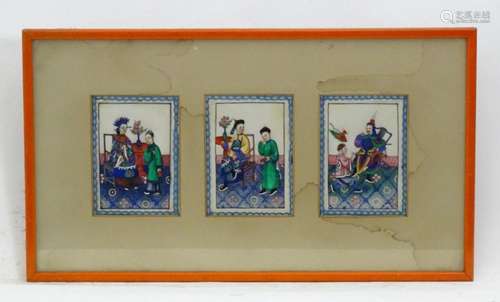 Three Chinese export gouaches on pith paper framed as one. E...