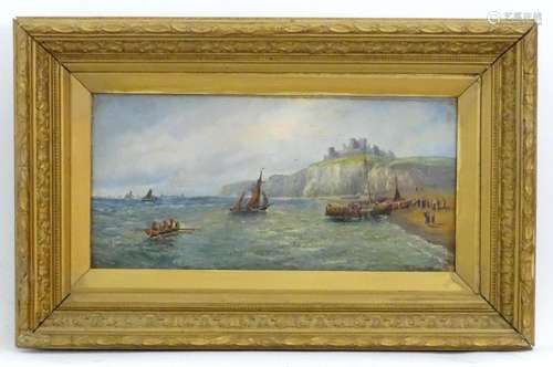 R Douglas, Late 19th century, Oil on canvas, A coastal seasc...