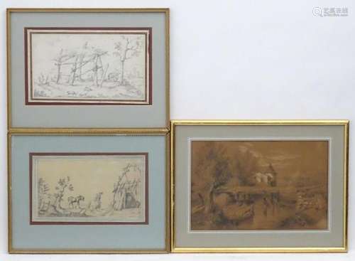 Early 20th century, Two pencil sketches, Animals in a rural ...