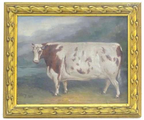 J Box, 20th century, Oil on canvas board, A prize bull in a ...