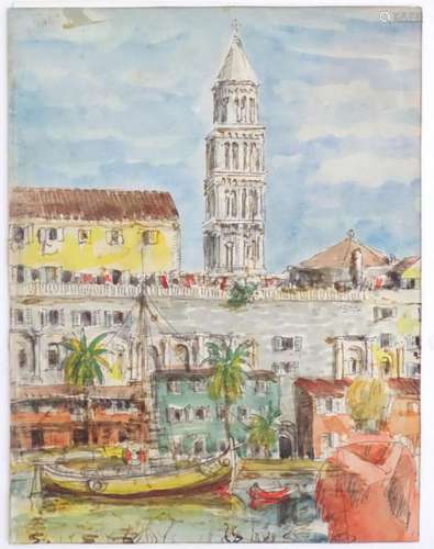 20th century, Watercolour and ink, A view of the bell tower ...