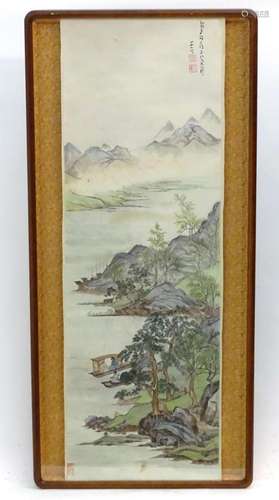 A Chinese watercolour scroll depicting a mountainous landsca...