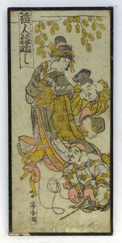 A Japanese woodblock print depicting a Geisha girl with two ...