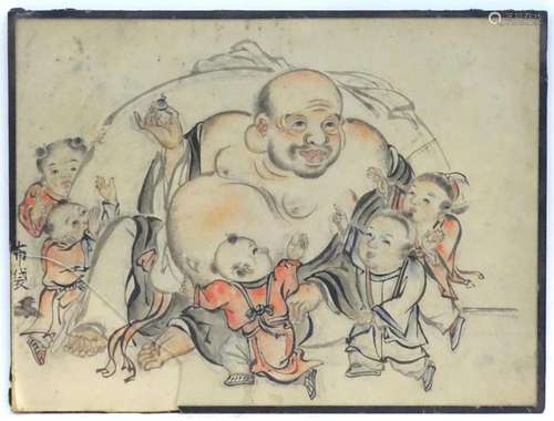 A Chinese hand coloured print depicting Hotei surrounded by ...