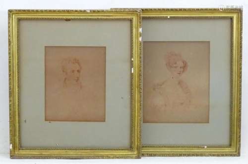 19th century, English School, Sanguine prints, Two portraits...