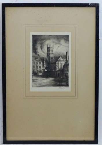 Indistinctly signed, 19th century, Etching, A street view of...