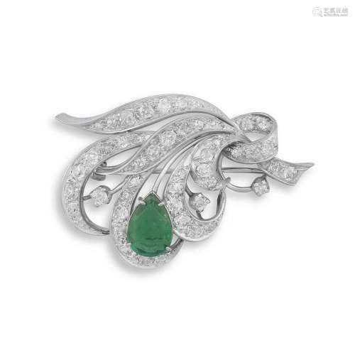 Emerald and diamond brooch