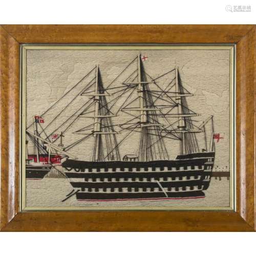 A sailor's woolwork picture of two ships, 19th century