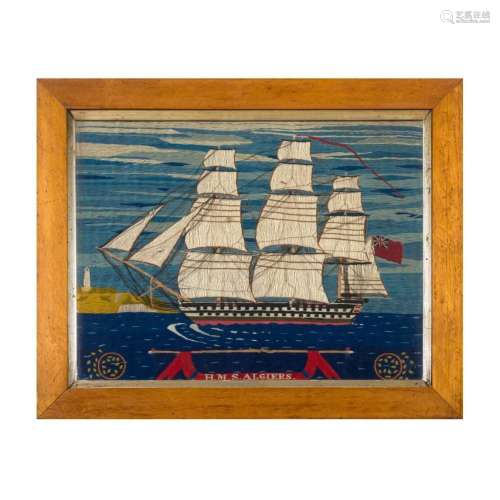 A sailor's woolwork picture of the H.M.S. Algiers, 19th...