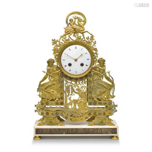 A French gilt-metal and white marble portico mantel clock, 1...