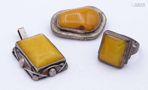 3 Teile Butterscotch Bernstein Schmuck ,Silber 0.835 u. 0.92...