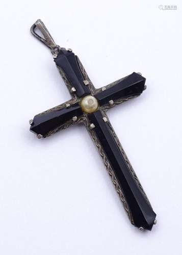 800er Silber Kreuz Anhänger mit Onyx, L- 5,4 cm, 3,9 g.