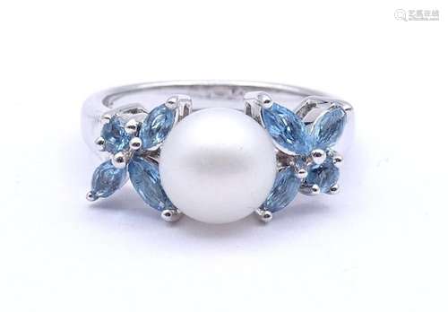 Silber Ring mit Perle und blauen Edelsteinen,Sterling Silber...