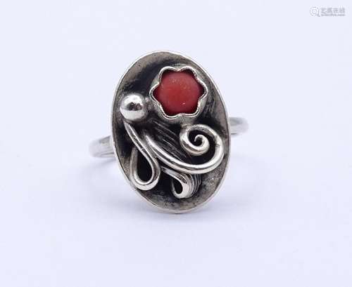 Silber Ring mit Koralle, Handarbeit,Sterling Silber 0.925