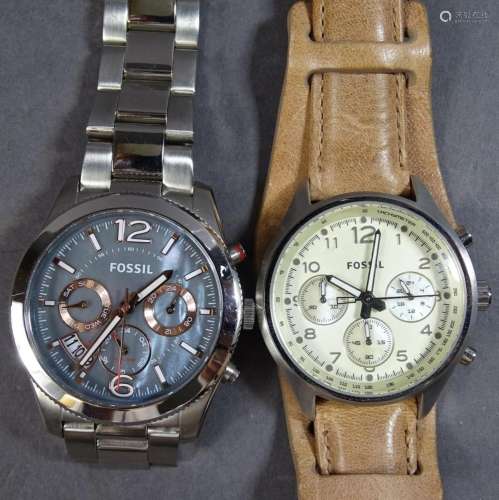 2 Fossil-Armbanduhren, Edelstahl- und Lederarmband, Quarz, d...