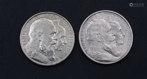 2x Zwei Mark 1906, Friedrich und Luise von Baden