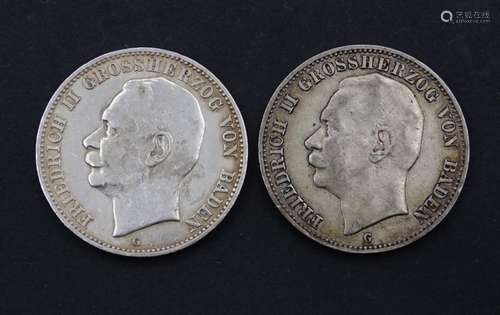 2x Drei Mark 1908 1912 G, Friedrich II Grossherzog von Baden