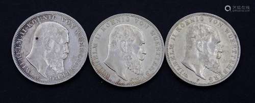 3x Drei Mark 1909 1910 F, Wilhelm II König von Württemberg