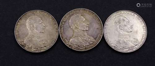 3x Zwei Mark 1913, Wilhelm II Deutscher Kaiser König von Pre...