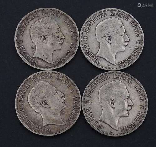 4x Fünf Mark 1898 1899 1903 A, Wilhelm II Deutscher Kaiser K...