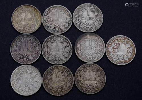 10x 1 Mark Deutsches Reich, 1875,1878,1887,1905,1910,1915