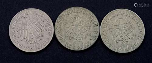 3x 10 Zloty Polen, 1959,1964,1965