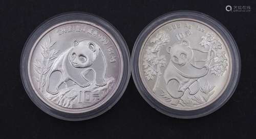 2x 10 Yuan 1990 1992, Panda, China, je 1 Oz Feinsilber 0.999