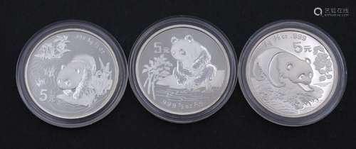 3x 5 Yuan 1994 1996 1997, Panda, China, je 1/2 Oz Feinsilber...