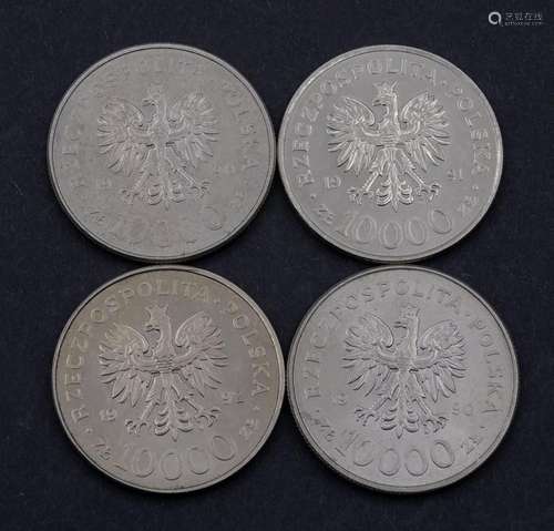 4x 10.000 Zloty, Polen, 1990 1991 1992