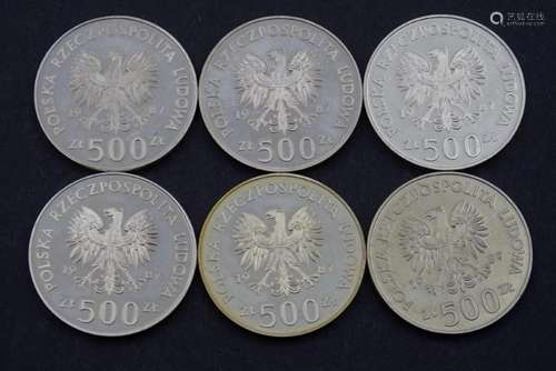 6x 500 Zloty, Polen, Silber, 1987