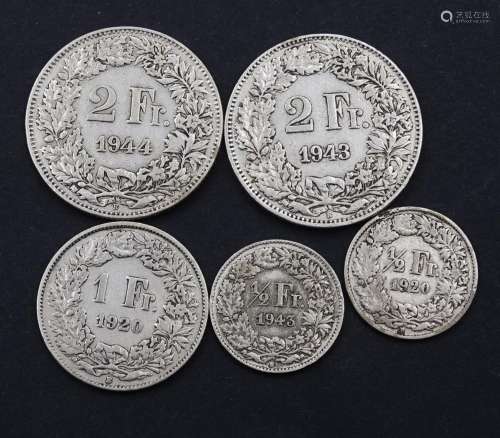 Konvolut Franken, 1920, 1943,1944,Silber, zus. 29,5 g.