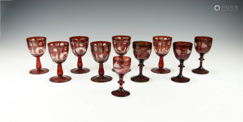 A GROUP OF ANTIQUE RUBY RED WINE SANDWICH GLASS