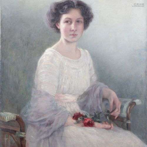 Ecole française début XXE, jeune fille à la robe rose. Huile...