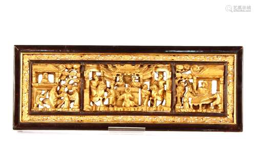 A Chinese lacquered and gilt panel, decorated figures in int...