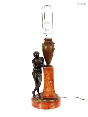 A French bronze and marble lamp, decorated with semi-naked b...
