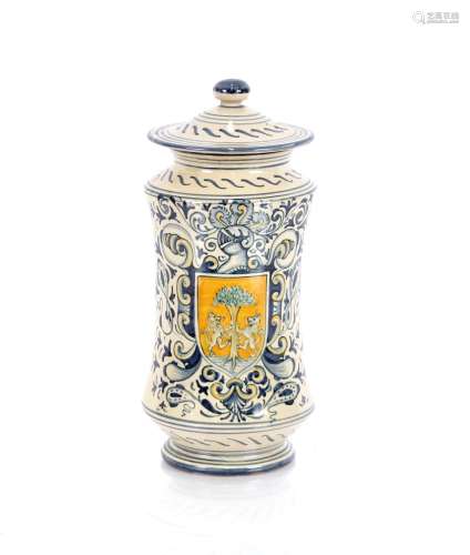 An alberello type jar and cover, decorated central heraldic ...