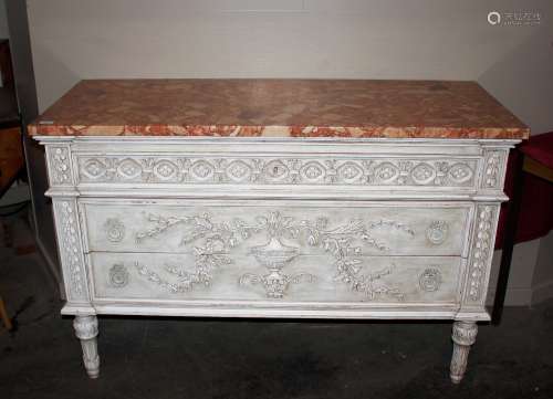 A French cream pained commode, surmounted by a marble top, h...
