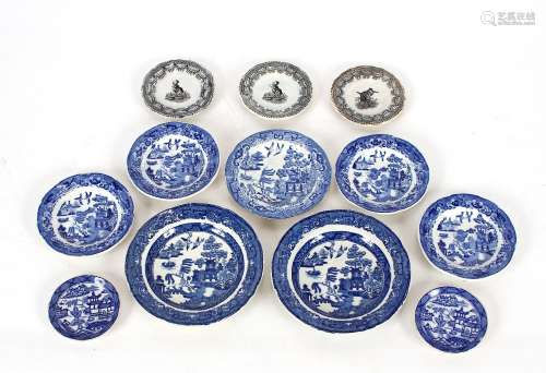Nine 19th Century blue and white miniature plates; and three...