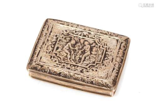 A continental white metal snuff box, the hinged lid decorate...