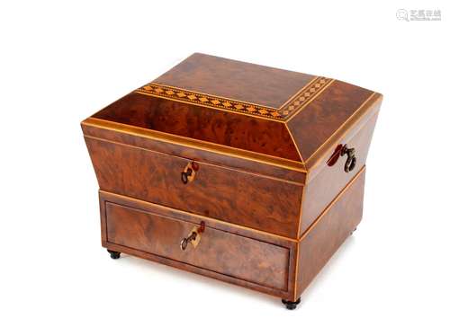 A 19th Century burr wood and inlaid work box, the lid openin...