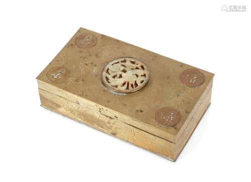 A brass mounted and wooden lined Oriental cigarette box, dec...