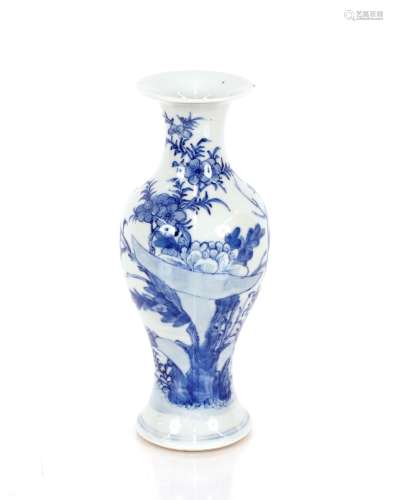 A Chinese blue and white baluster vase, decorated birds and ...