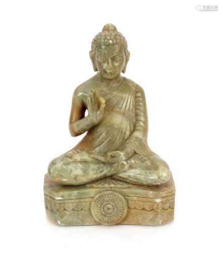 A small green hardstone figure of seated Buddha, 13cm high