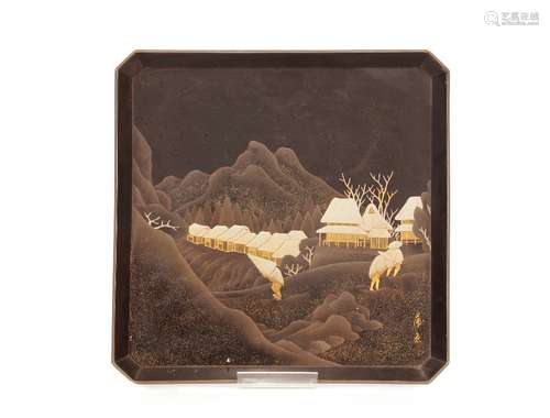 A Japanese lacquered tray, decorated with rural scenery, 28c...