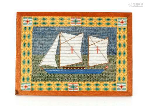 An antique wool work picture, depicting a ship, 35cm x 50cm