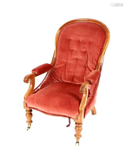 A Victorian mahogany armchair, pink Dralon upholstered back,...