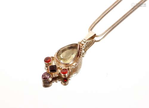 A silver pendant and chain, set with citrine and other stone...